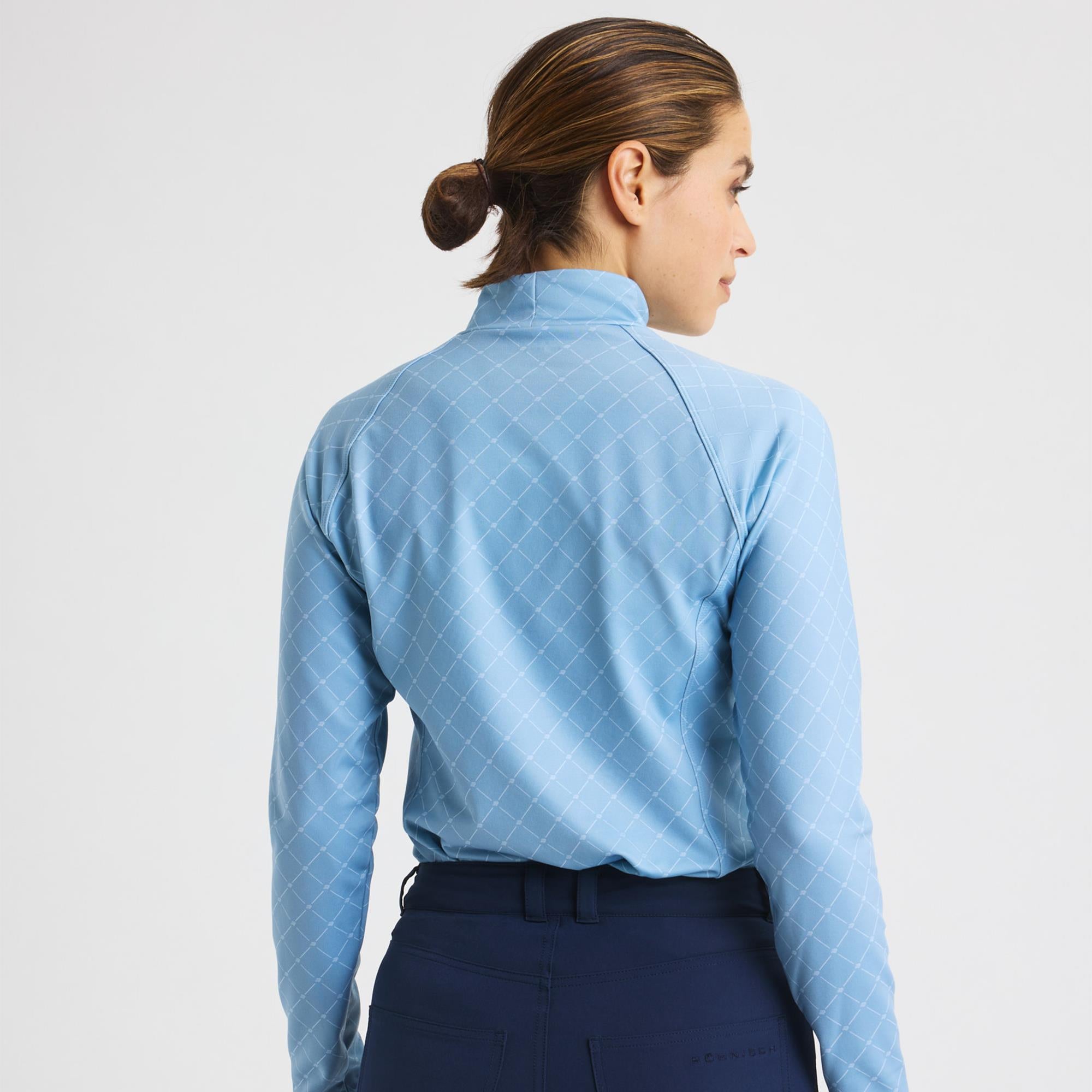 Rohnisch Warm High Collar Ladies Golf Top Micro R Check Dove Blue